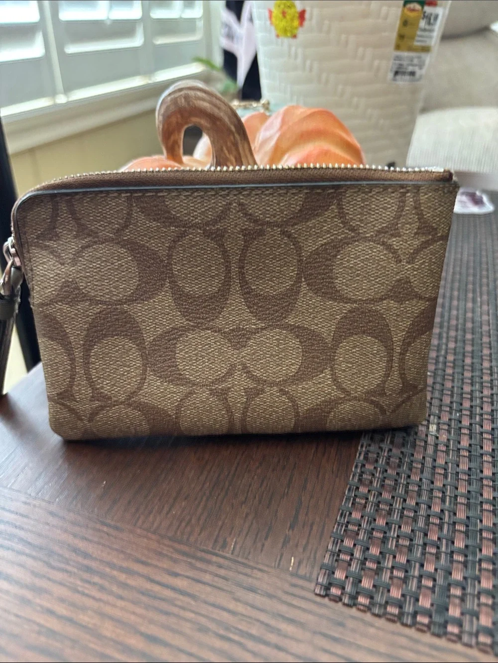 Coach Brown Signature Canvas Wristlet with Olive Leather Trim